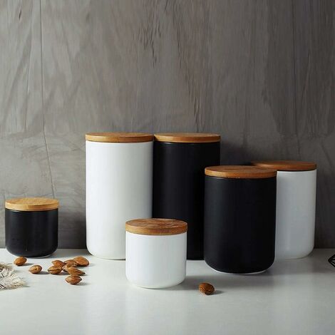Devenirriche Vorratsdose aus Keramik mit Holzdeckel, tragbar, luftdicht,  für Tee, Zucker, Kaffeebohnen, Nüsse, Tee, Schwarz (1000
