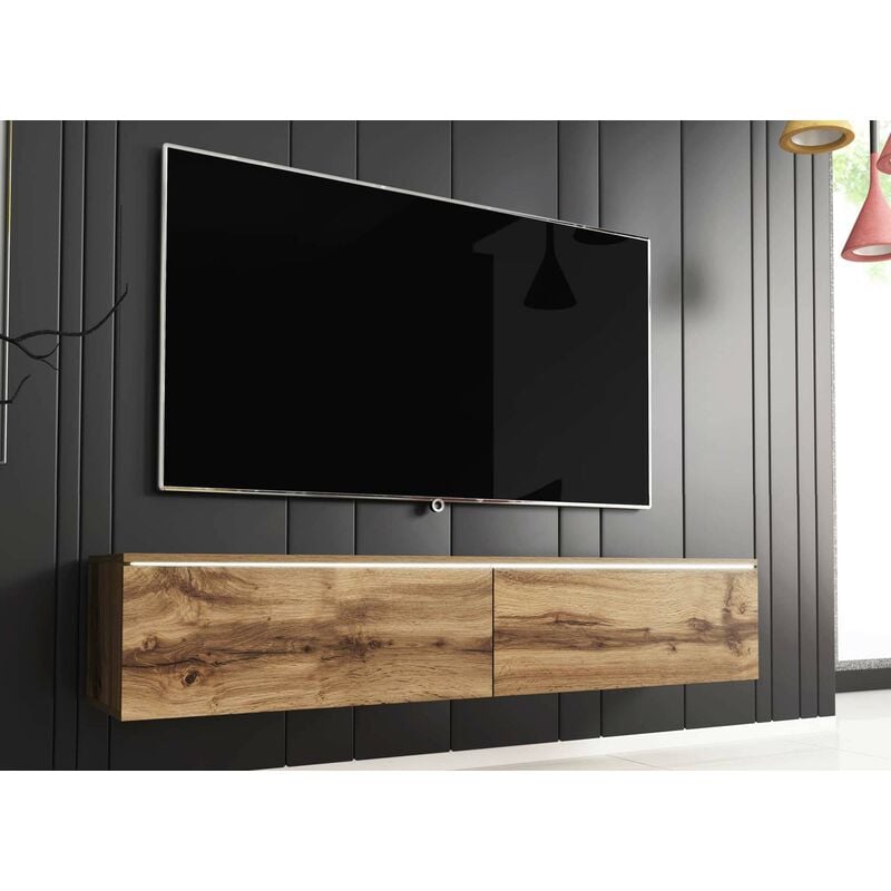 Meuble TV contemporain chêne vieilli foncé avec LED 2 portes MALORIE - 140  cm