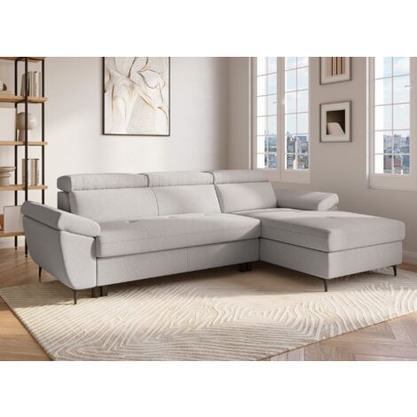 Deco In Paris – Canapé d'angle convertible tissu beige avec coffre de rangement – Dimensions 255x168cm – Couchage 120x194cm – Accoudoirs et têtières relevables