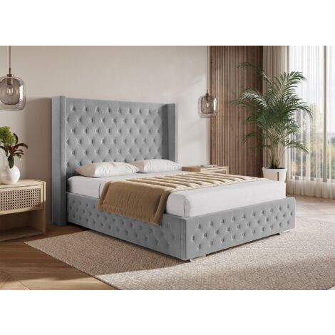 Deco In Paris – Lit coffre 160x200 cm en velours gris PERLA – Grand coffre de rangement – Tête de lit capitonnée – Sommier à lattes en bois arqué