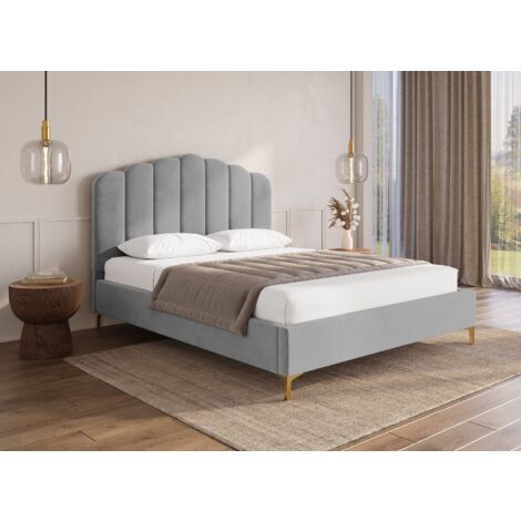 Deco In Paris – Lit double en velours gris 140x190 cm – Tête de lit rembourrée – Structure en bois – Hauteur 119 cm – Compatible matelas hybride (1/5)