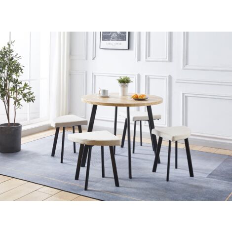 Deco In Paris – Ensemble table à manger en bois clair avec 4 tabourets en tissu beige – Diamètre table 90 cm – Pieds en métal noir – Confort optimal