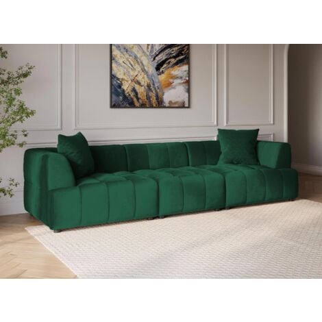 KELIA - Canapé droit contemporain 4 places en velours vert KELIA