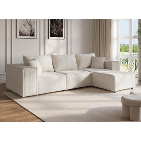 Deco In Paris – Canapé d'angle modulable en velours côtelé épais beige – Configuration réversible – Largeur 298 cm – Confort optimal avec coussins rembourrés