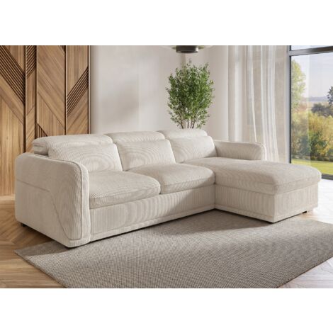 Deco In Paris – Canapé d'angle droit convertible en velours côtelé épais beige – Coffre de rangement intégré – Lit confortable pour 2 personnes