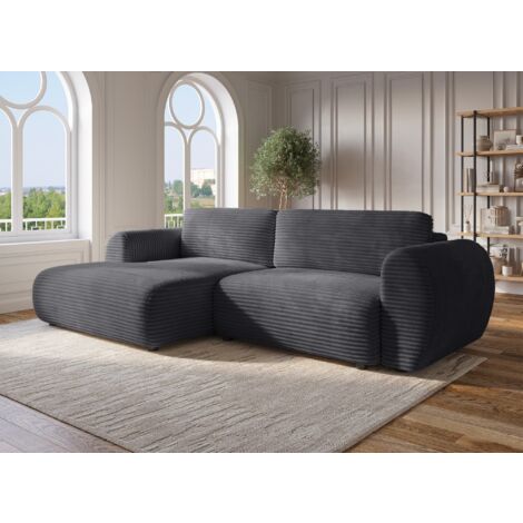 Deco In Paris – Canapé d'angle convertible 3 places en velours côtelé épais gris – Coffre de rangement intégré – Dimensions couchage 155 x 250 cm (1/5)