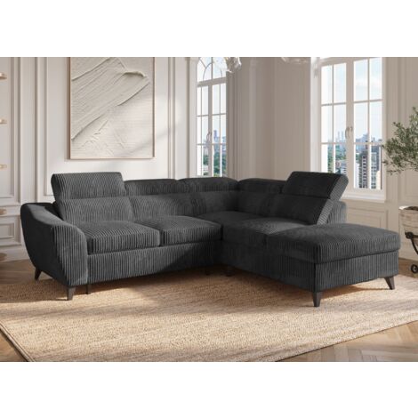 Deco In Paris – Canapé d'angle convertible avec coffre – Velours côtelé épais gris – Dimensions 258x222cm – Lit 165x176cm pour 2 personnes (1/5)