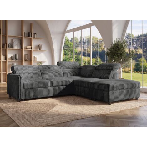 Deco In Paris – Canapé d'angle convertible velours côtelé épais gris – 2 places – Dimensions 244x226 cm – Couchage 182x118 cm – Coffre de rangement (1/5)