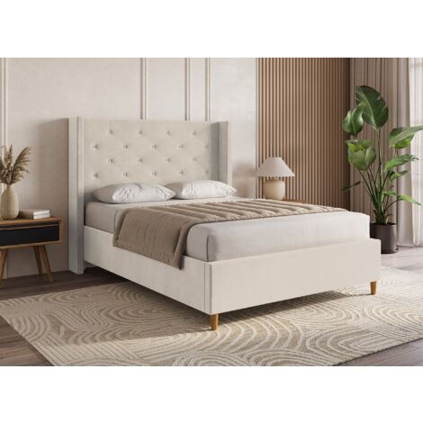 Deco In Paris – Lit double en velours capitonné beige 160x200 cm – Tête de lit capitonnée pour confort optimal – Pieds en bois élégants (1/5)