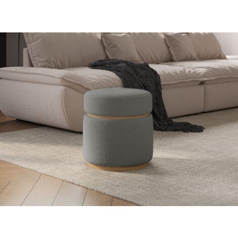 Pouf design en tissu effet peau de mouton gris et bois clair DIVA