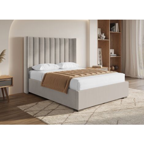 Deco In Paris – Lit coffre 140x190 cm en velours taupe – Grand coffre de rangement – Tête de lit matelassée – Cadre en bois MDF