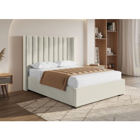 Deco In Paris – Lit coffre 140x190 cm en velours beige – Grand coffre de rangement intégré – Tête de lit matelassée – Structure en bois MDF