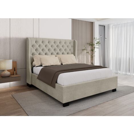 Lit coffre capitonné en tissu lin beige FLORINE 180 x 200 cm (1/5)