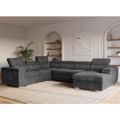 Deco In Paris – Canapé panoramique convertible 5 places – Coffre de rangement – Velours côtelé gris – Dimensions 315x251x81cm – Couchage 119x182cm (1/5)