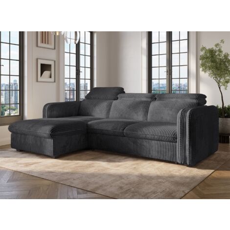 Deco In Paris – Canapé d'angle convertible en velours côtelé épais gris – 2 places – Dimensions 238x172 cm – Dossier ultra bombé – Accoudoirs rembourrés (1/5)