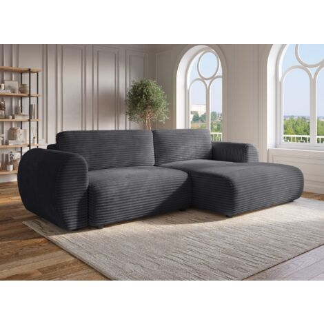 Deco In Paris – Canapé d'angle convertible 3 places en velours côtelé épais gris – Coffre de rangement intégré – Dimensions 308x167cm – Couchage 155x250cm (1/5)