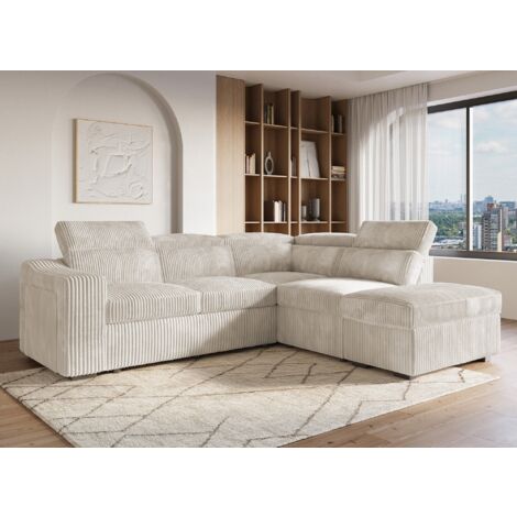 Canapé d'angle convertible avec coffre en velours côtelé beige (1/5)