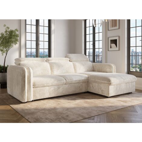 Deco In Paris – Canapé d'angle convertible en velours côtelé épais beige – 2 places – Dimensions 238x172x82/99 cm – Couchage 123x197 cm
