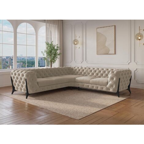 Canapé d'angle capitonné chesterfield velours beige CARMEN