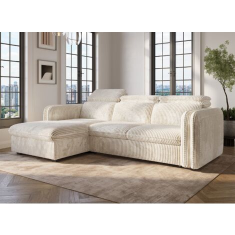 Deco In Paris – Canapé d'angle convertible velours côtelé épais beige – 2 places – Dimensions 238x172cm – Couchage 123x197cm (1/5)