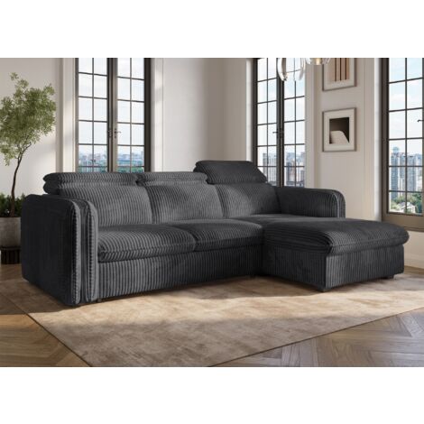 Deco In Paris – Canapé d'angle convertible 3 places en velours côtelé épais gris – Dimensions 238x172 cm – Couchage 123x197 cm – Accoudoirs rembourrés (1/5)
