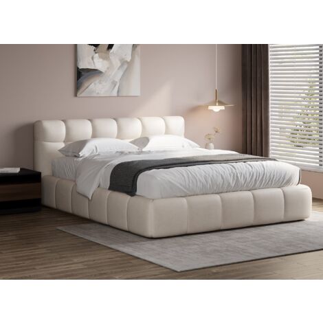 Deco In Paris – Lit double en velours beige 180x200 cm – Tête de lit capitonnée – Design chic et confortable – Parfait pour chambre moderne
