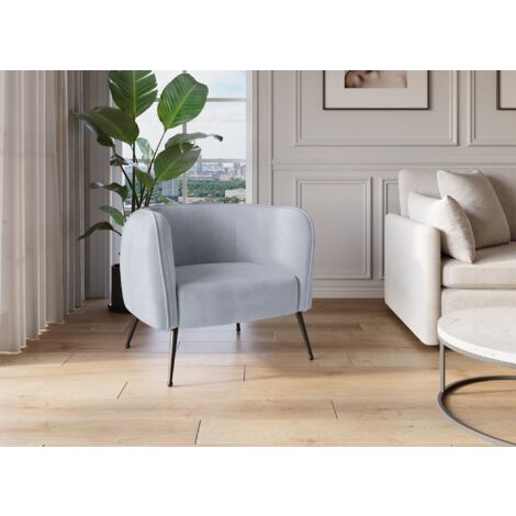 Deco In Paris – Fauteuil cabriolet velours gris – Dossier ultra bombé – Accoudoirs confort – Pieds métal noir – Dimensions 71x78x71 cm