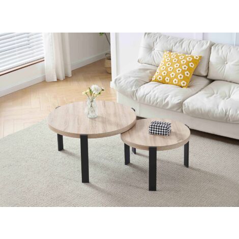 Deco In Paris – Lot de 2 tables basses rondes gigognes en bois MDF – Pieds métal noir – Diamètre 80/60 cm – Hauteur 45/40 cm pour salon moderne