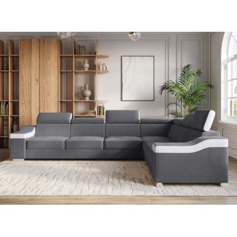Canapé d'angle convertible réversible en velours gris et simili