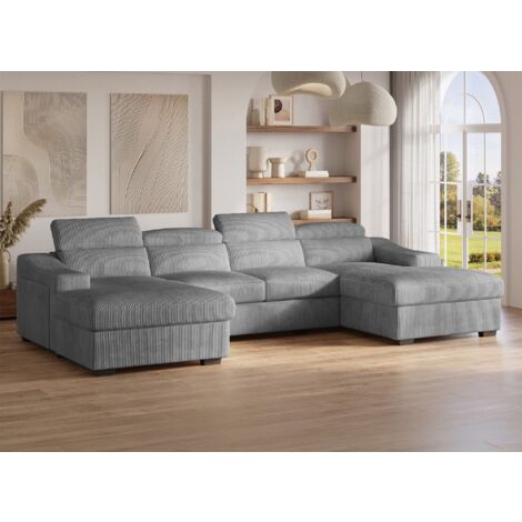 Deco In Paris – Canapé panoramique convertible 2 places avec 2 coffres de rangement – Revêtement velours côtelé épais gris – Confort moderne et pratique (1/5)