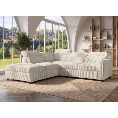 Deco In Paris – Canapé d'angle convertible en velours côtelé épais beige – Coffre de rangement – Méridienne gauche – Dimensions 244x226x99cm (1/5)