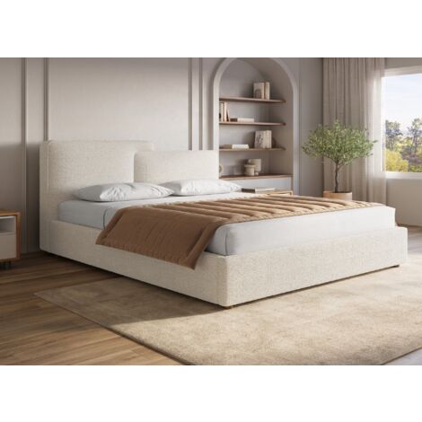 Deco In Paris – Lit coffre tissu bouclette beige 180x200 cm – Rangement sous le sommier – Tête de lit design asymétrique – Confort moderne