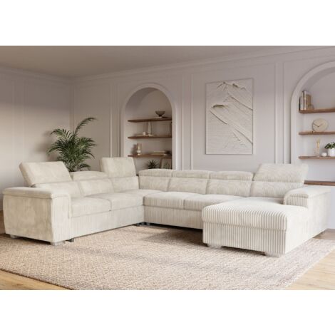 Deco In Paris – Canapé panoramique convertible 5 places – Coffre de rangement – Velours côtelé beige – Dimensions 315x251x81 cm – Couchage 119x182 cm (1/5)