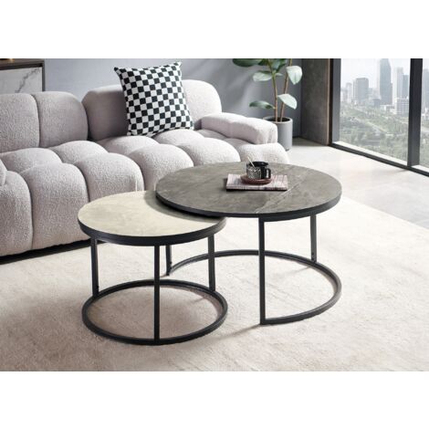 Deco In Paris – Lot de 2 tables basses rondes gigognes effet marbre noir et blanc – Dimensions 80cm et 60cm – Structure métal – Plateau bois MDF