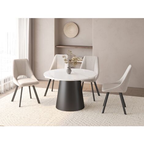 Deco In Paris – Table de salle à manger ronde 4 personnes – Plateau effet marbre blanc – Pied central en métal noir – Compacte et moderne (1/4)