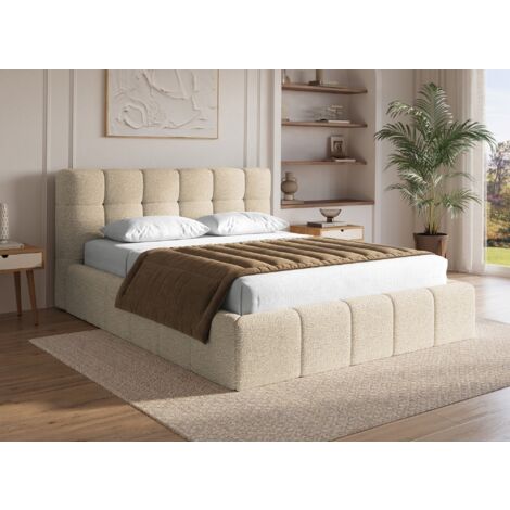 Lit coffre en tissu bouclette beige 160x200 cm MILIE