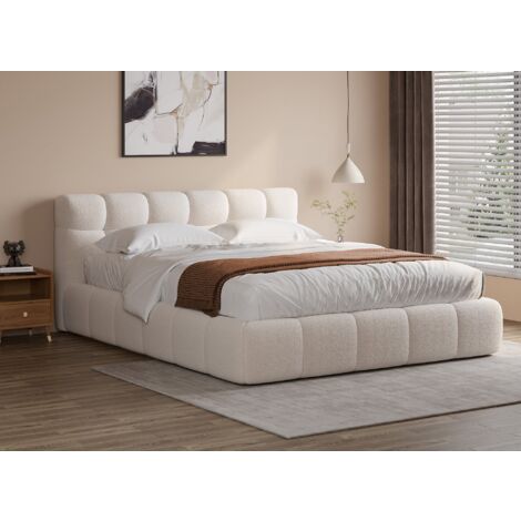 Deco In Paris – Lit coffre en tissu bouclette écru 160x200 cm – Rangement sous le sommier – Tête de lit capitonnée – Design moderne et élégant