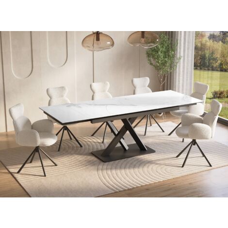 Deco In Paris – Table extensible en céramique blanche 160/240 cm – 6-10 personnes – Design moderne avec pieds croisés – Idéale pour réceptions