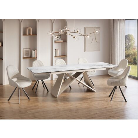 Table à manger extensible en céramique blanche effet marbre