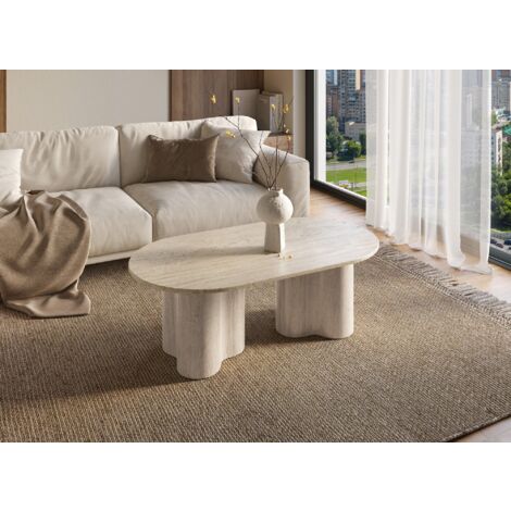 Deco In Paris – Table basse ovale en marbre composite beige – Pieds sculpturaux en forme organique – Surface lumineuse effet travertin – Design moderne