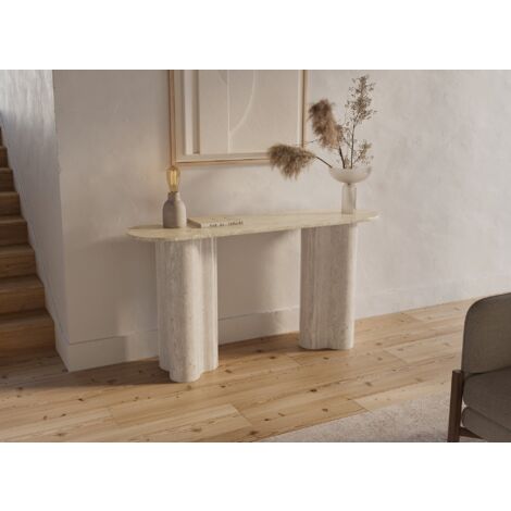 Deco In Paris – Console en marbre composite beige – Plateau ovale effet travertin – Pieds en forme organique – Design moderne et élégant