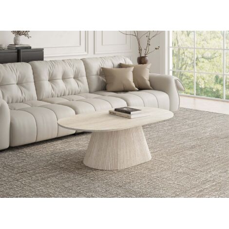 Deco In Paris – Table basse ovale en marbre composite beige – Plateau lumineux et raffiné – Pied central fuselé avec stries – Style moderne et intemporel