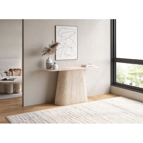 Deco In Paris – Console en marbre composite beige – Plateau allongé lumineux – Pied large strié pour stabilité – Design moderne intemporel