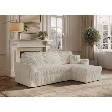 Deco In Paris – Canapé d'angle convertible réversible en velours côtelé beige – Coffre de rangement intégré – Confort optimal pour 2 personnes (1/5)