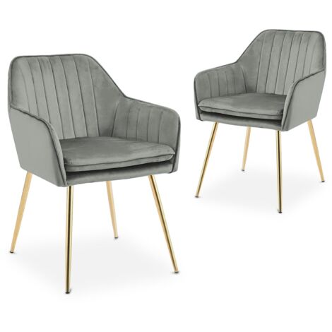 Deco In Paris – Lot de 2 chaises avec accoudoirs en velours gris – Dossier enveloppant et coussin confortable – Pieds en métal doré – Dimensions : 65x59x82cm (1/5)