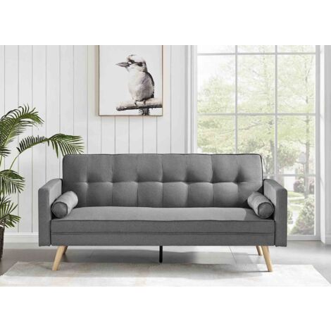 Deco In Paris – Banquette clic clac gris en tissu – Canapé convertible 3 places – Dossier capitonné – Couchage 168x106cm – Pieds en bois naturel