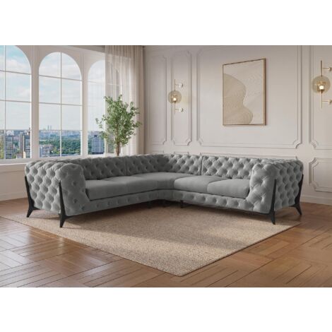 Deco In Paris – Canapé d'angle capitonné en velours gris CARMEN – Largeur 267 cm – Profondeur 93 cm – Hauteur 75 cm – Design élégant et moderne