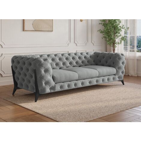 Deco In Paris – Canapé droit 3 places capitonné en velours gris – Pieds en métal noir – Largeur 227 cm – Hauteur d'assise 48 cm (1/5)