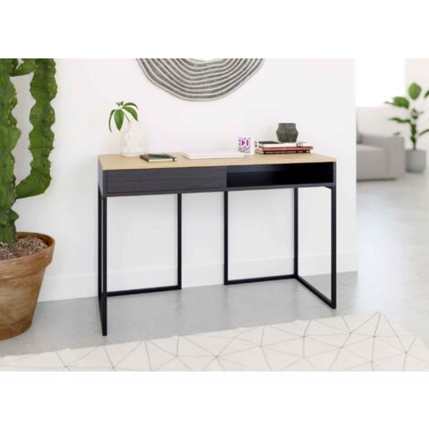 Deco In Paris – Bureau droit industriel en bois MDF chêne et métal noir – Dimensions 120x50x79 cm – Grand tiroir et niche de rangement (1/5)
