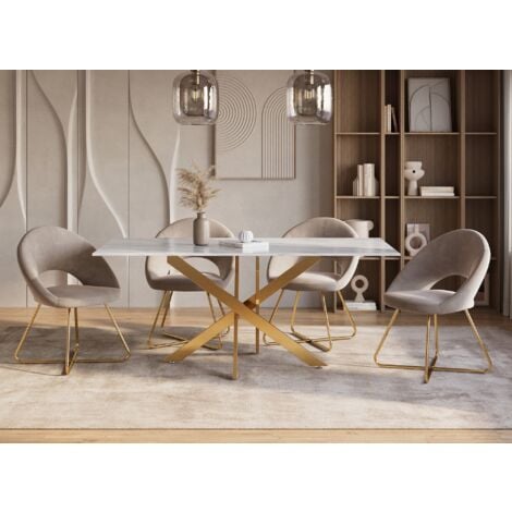 Table à manger rectangulaire design verre marbré et pieds dorés 6